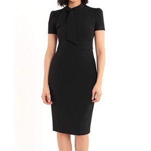 New Maggy London Size 12 Crepe Midi Short Sleeve Sheath Dress Neck Tie Black